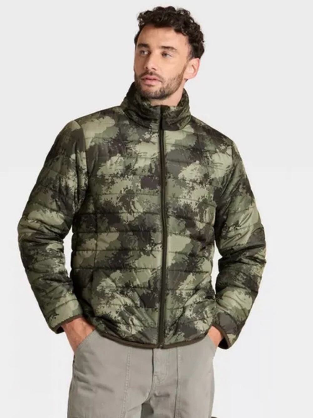 Goodfellow & Co™ Men’s Lightweight Puffer Jacket XL Green Camo Full Zip Quilted